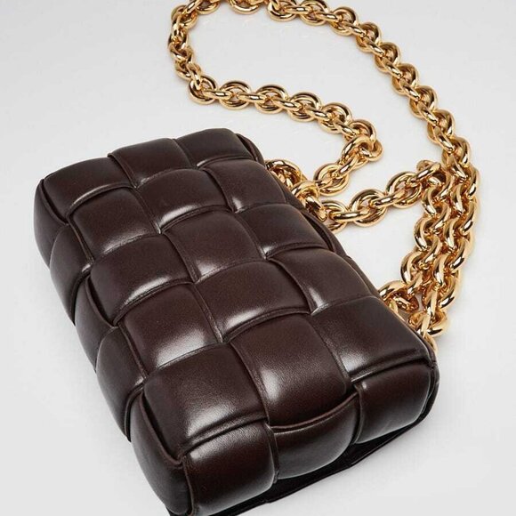 Bottega Veneta Brown Woven Leather Maxi Weave Padded Cassette Chain Bag - Picture 2 of 10